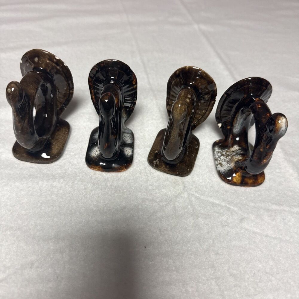 4 Ceramic Turkey Napkin Rings Vintage Lava Orange Brown Thanksgiving MCM 60s 70s